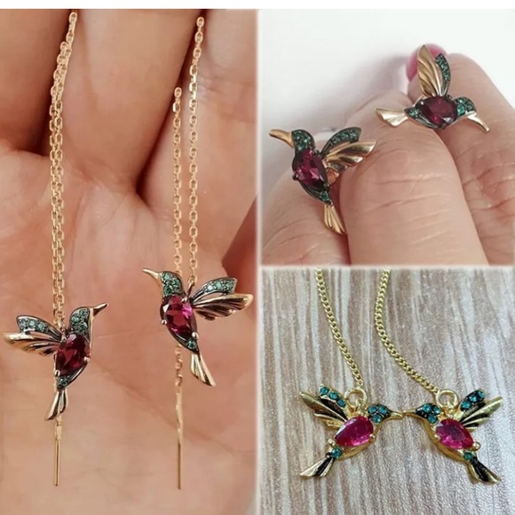 Hummingbird Drop Dangle Chain Gold Earrings - Picture 4 of 5